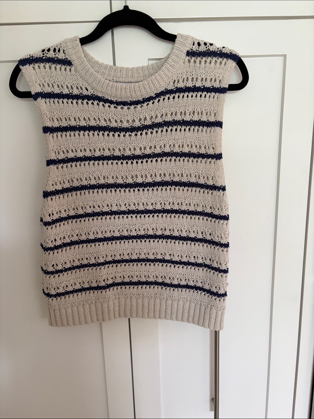 Velvet Open-Knit Sleeveless Crewneck Sweater Vest in Beige and Navy